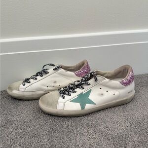 Golden Goose White Sneakers with Teal Star and Pink Glitter Heel
